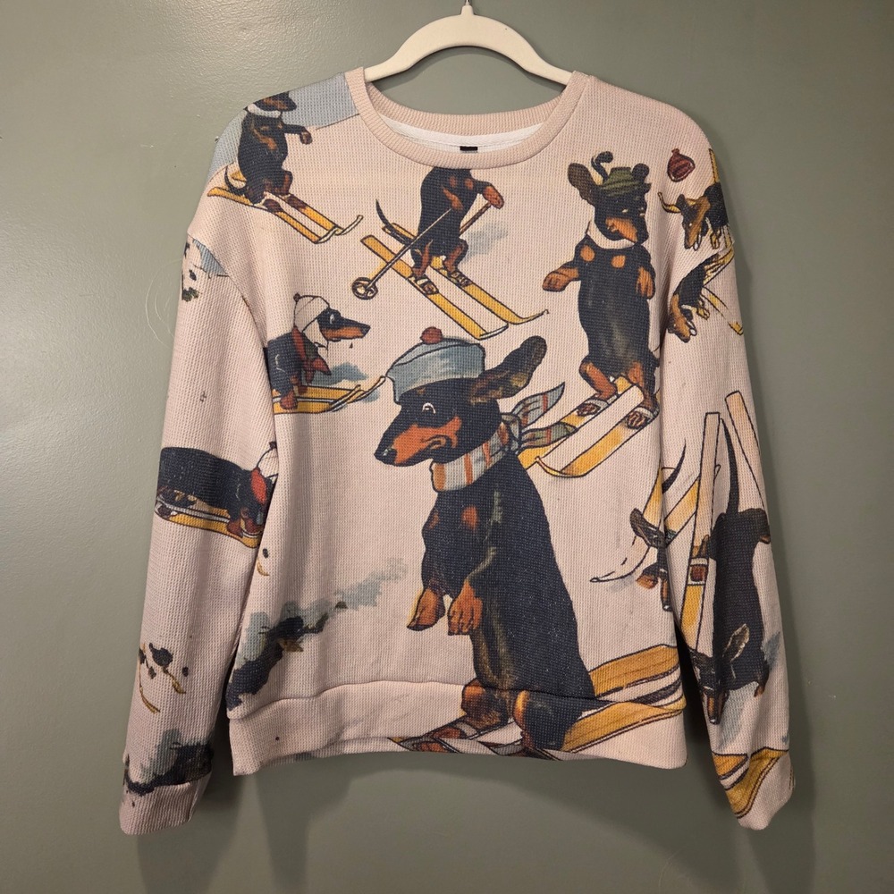Dachshunds Skiing‎ Long Sleeve Waffle Knit Shirt Men's Size S